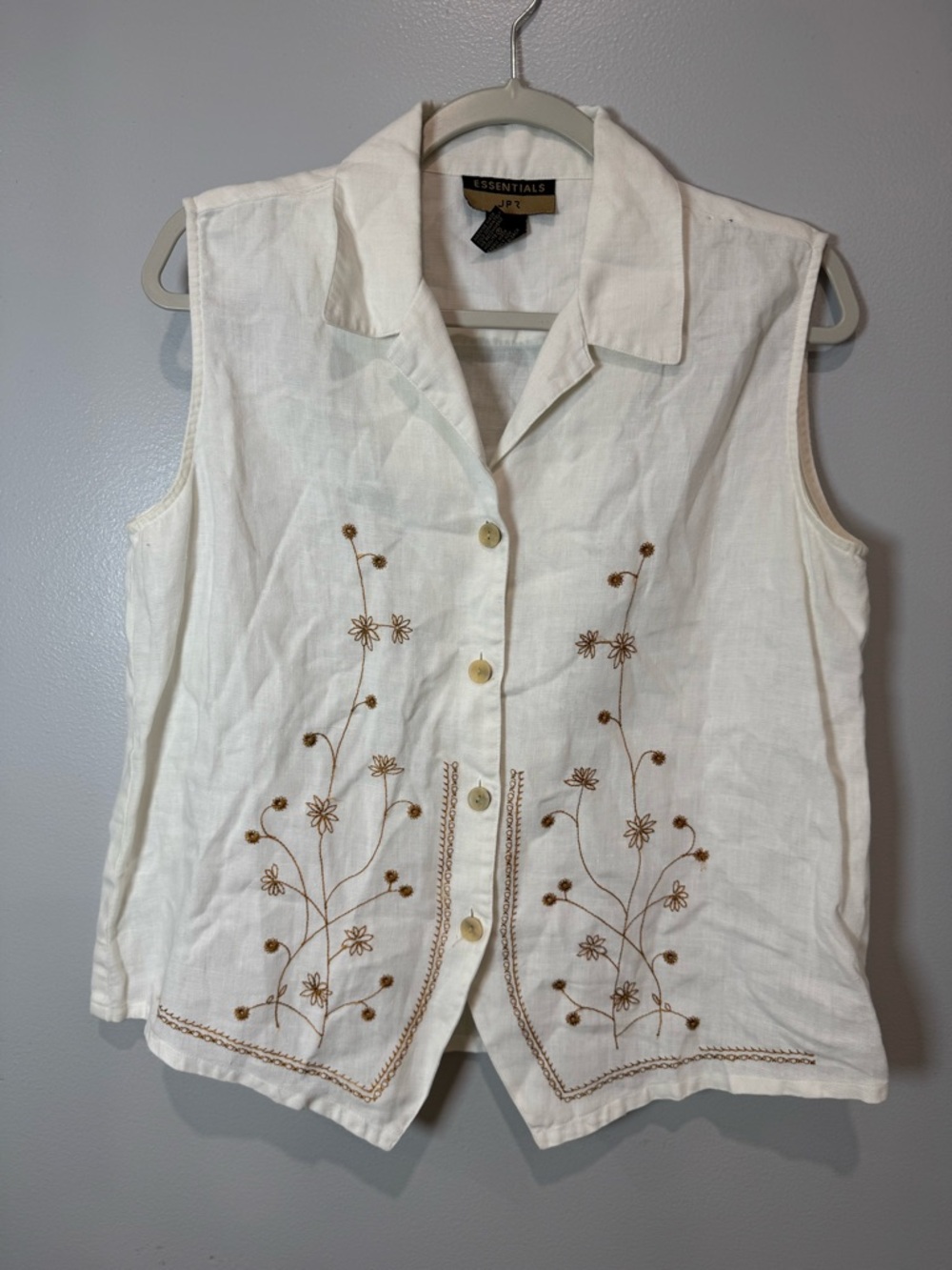 ESSENTIALS JP Vintage Linen Vest White Embroidered Floral Boho Top M - Picture 2 of 11